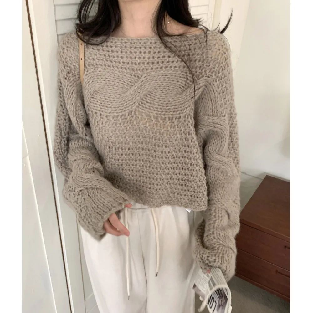 

Свободный длинный све женский трикотаж в Корейском стиле Sle Lazy Sle на одно плечо с закрученным узлом Ne Design Осень Зима Новая мода