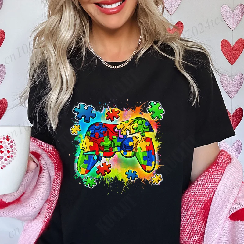 Autism Awareness Video Game Controller Women T-Shirt Autism Awareness Month Graphic T Shirts Summer Harajuku Short Sleeve Tops