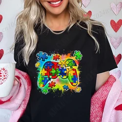 Autism Awareness Video Game Controller Women T-Shirt Autism Awareness Month Graphic T Shirts Summer Harajuku Short Sleeve Tops