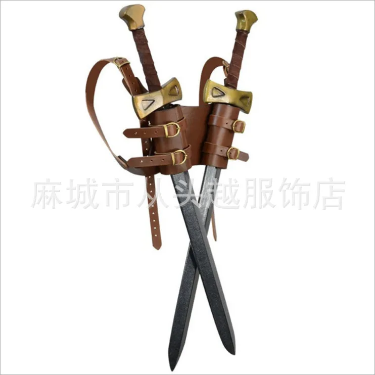 Medieval Samurai PU Leather Back Double Sword Set Stage Performance Cosplay Photography Props Without Weapon