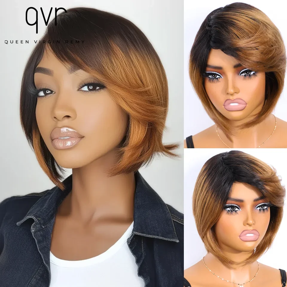 QVR Short Bob Wig Easy Wear Glueless qvr Human Hair Wigs With Bnags Brazililan Remy Brown Colored Straight Bob Wig For Women