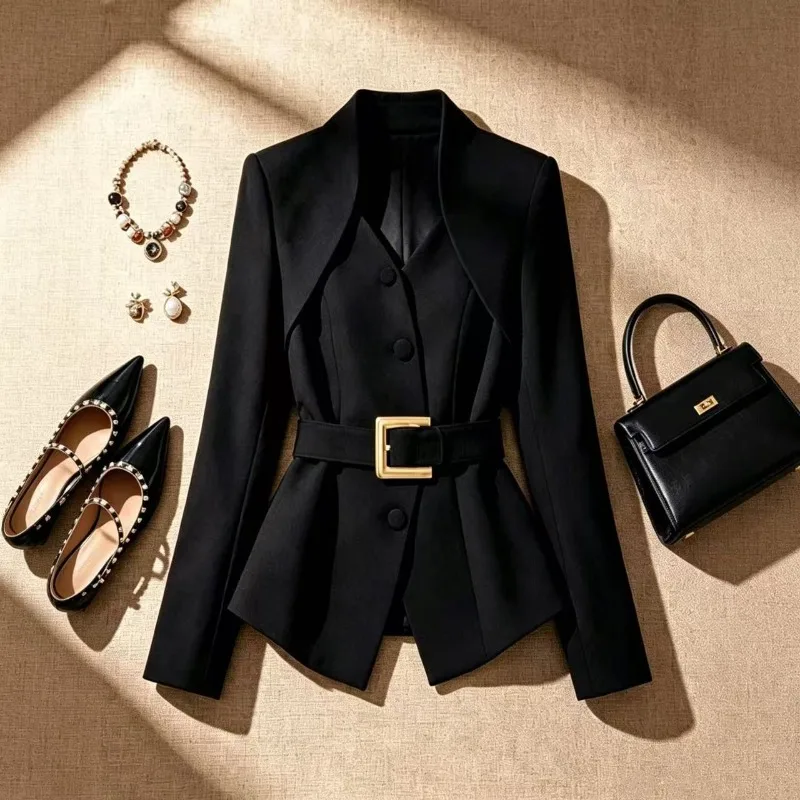 The New Black Cinched-waist Suit Jacket with A Design Sense Is A High-end Women's Top with Noble and Elegant Style for Autumn.
