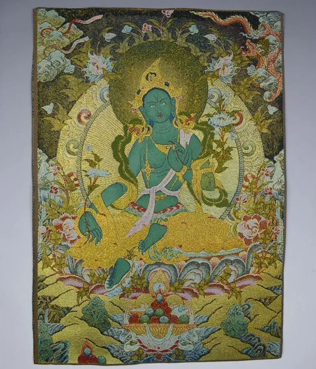 silk tapestry embroidery painting Classic Ornament Thangka Green Tara Statue Tibetan Buddha