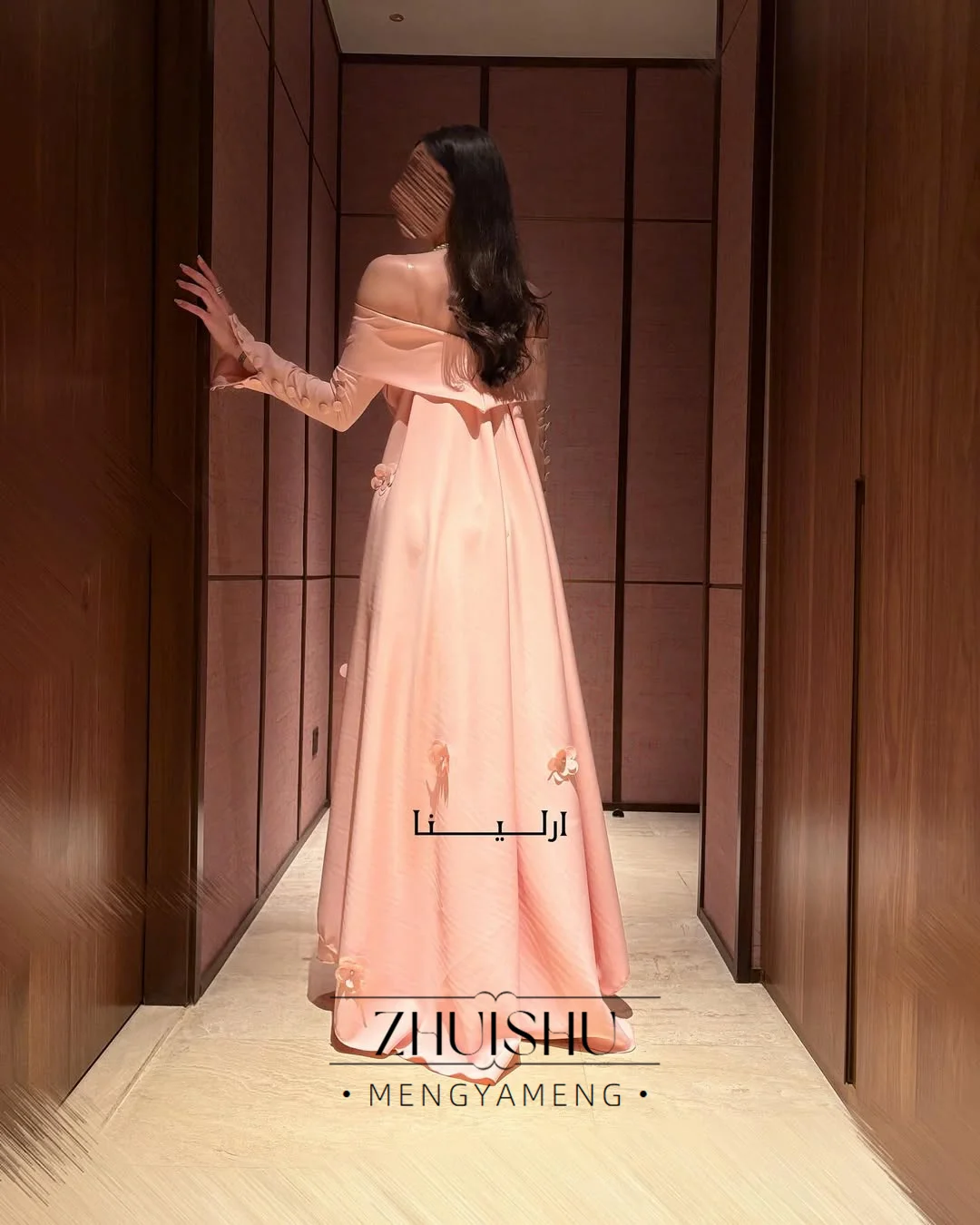 ZHUISHU Blush Pink Saudi Prom Dresses Boat Neck Long Sleeves with Buttons A Line Evening Party Dresses for Special Occasion