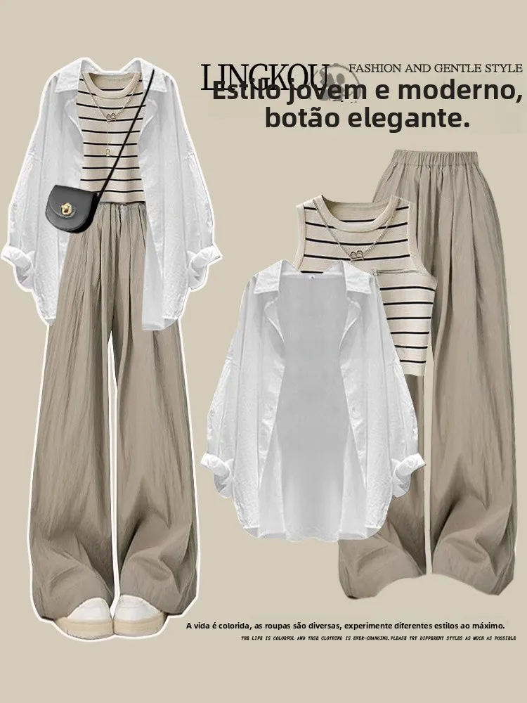

Summer Lazy Style plus Size Set Sun Protection Stripe Vest Retro Slimming Wide Leg Pants Three Piece Set Casual Fashion Women...