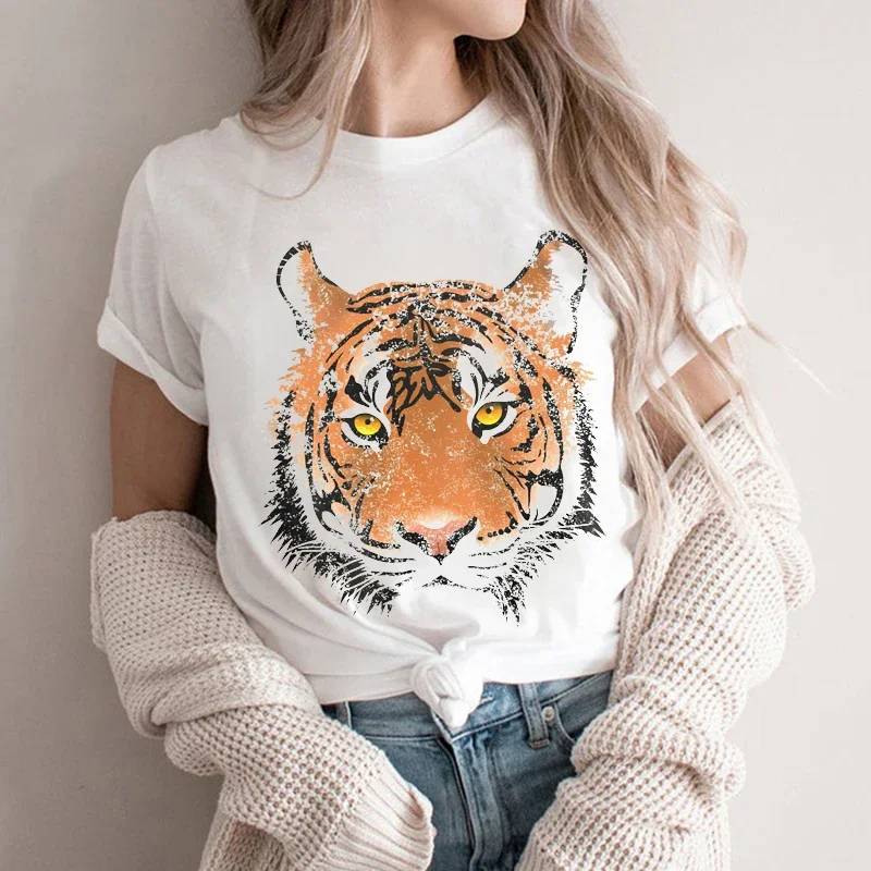 Short Sleeve Casual Ladies Fashion Female T-shirt Tropical Jungle Vintage Graphic Tee Women Grunge Tiger Print Summer T Clothing