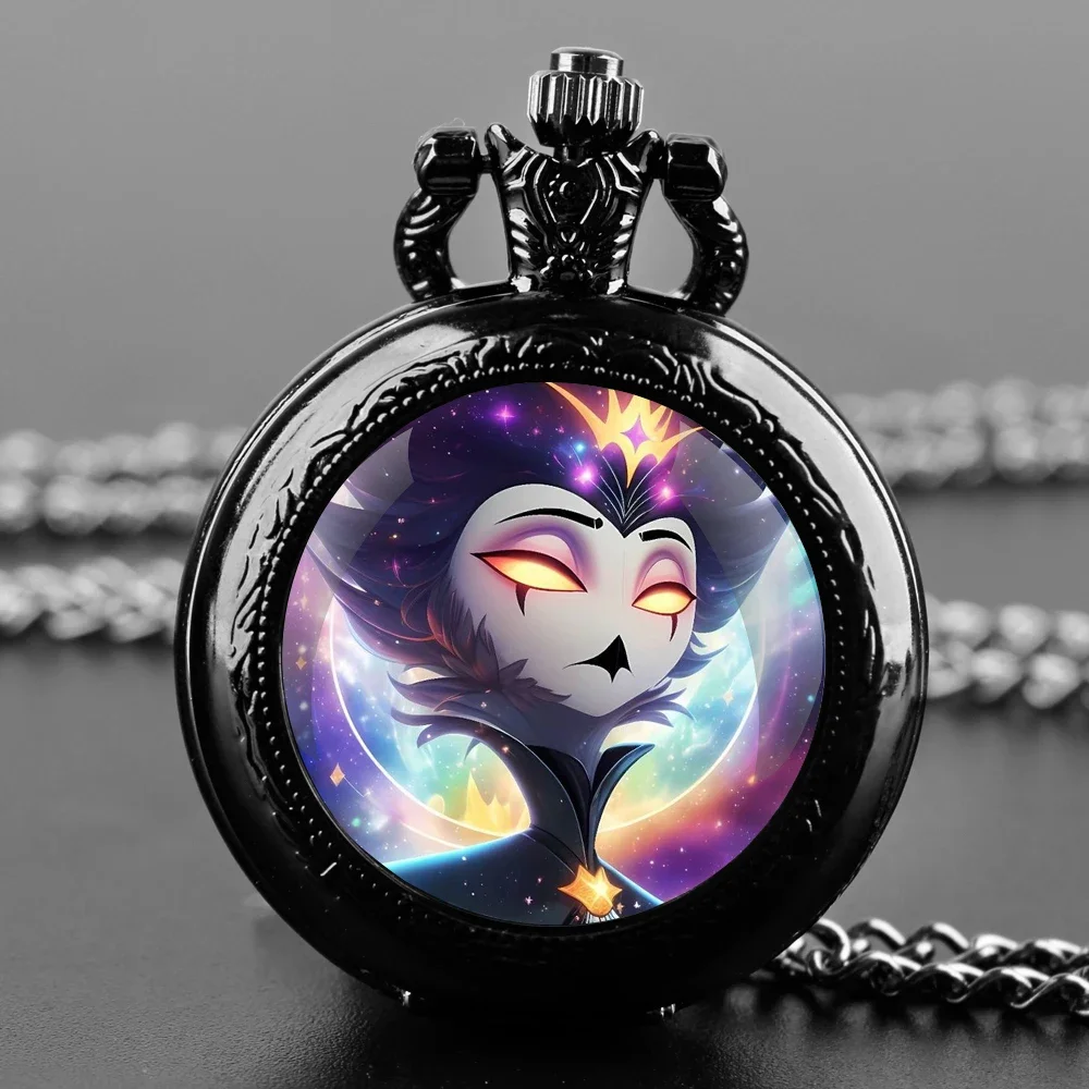 

Hot Cartoon Helluva Boss Glass Dome Pocket Watch with Chain Necklace Vintage Quartz Pendant Watches Mens Women Gifts for Kids