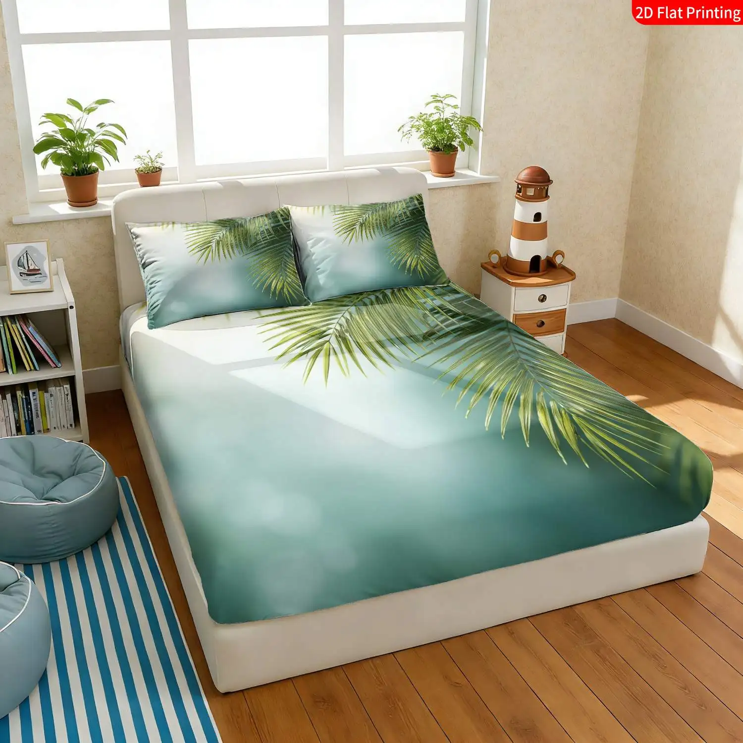3-Piece Mattress Protector Set, Tropical Palm Leaf Bed Sheet Set - Beach Resort Decoration, Machine Washable Bed Cover, 2D Flat Print Mattress Protector, Stain-Resistant, Cozy Mattress Cover. Suitable for All Seasons, Machine Washable and Easy to Care For, Suitable for Home Bedrooms, a Must-Have for Dorms and Rentals, Master Bedroom Decoration, Dust-Proof and Stain-Resistant, High Elasticity, Fits Various Sizes