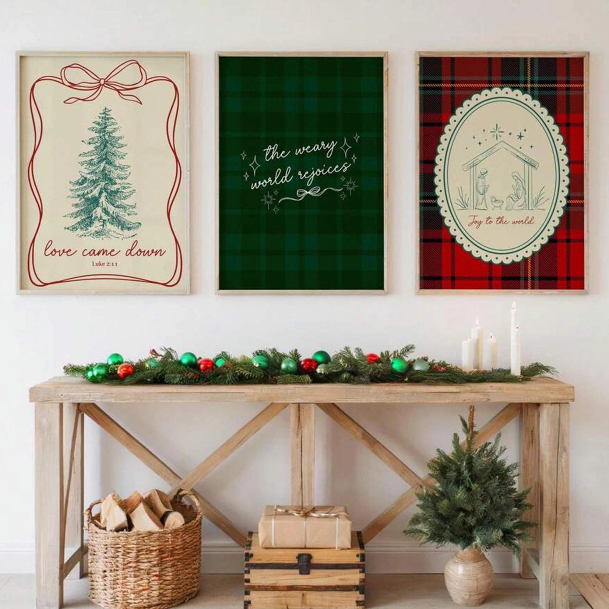 3pcs Modern Red And Green Plaid Christmas Tree Wall Art Print Canvas Painting Poster Picture For Living Room,Bedroom Home Decor
