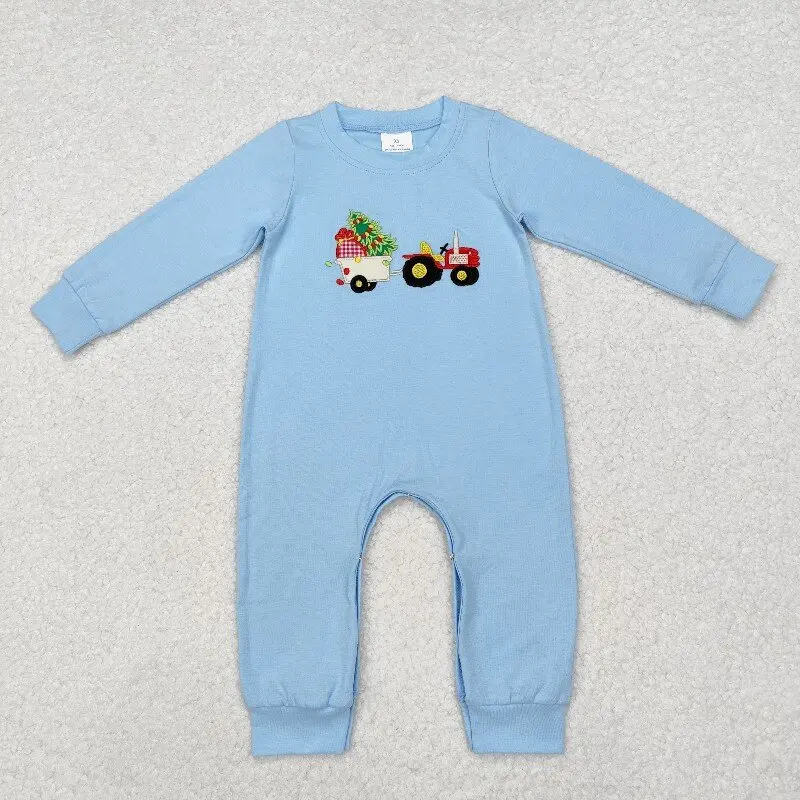 8.19y Embroidered Christmas Tree Tractor Blue Zipper Long Sleeve Onesie for Christmas Baby Boys Wholesale Boutique Romper