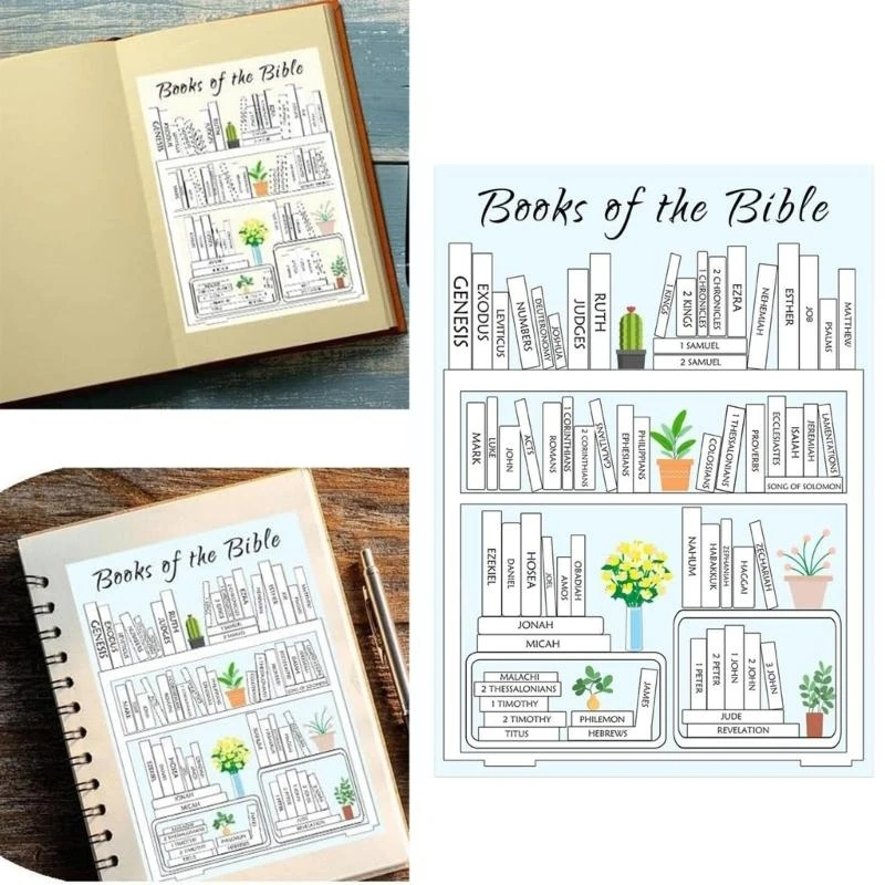 8 أوراق ملصق قراءة الكتاب المقدس 5 × 7 بوصة لمخطط دفتر دفتر دفتر الكتب على أرفف الكتاب المقدس تتبع القراءة ملصق التقدم