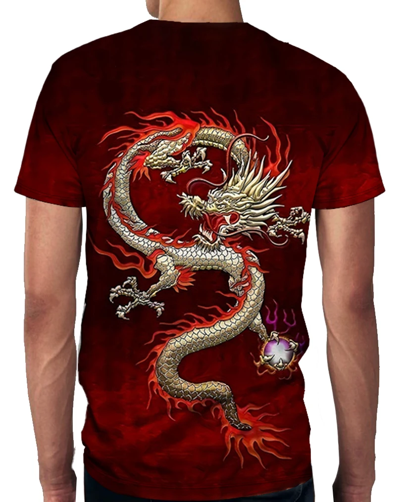 Spring Summer Men\'s Casual 3D Dragon Ethnic Graphic Printed Polyester Comfortable Round Neck Short Sleeve T-Shirt