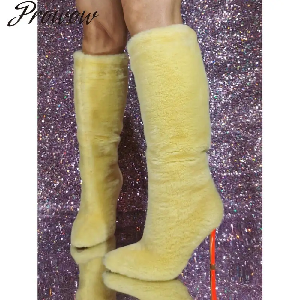 

2025 зимние новые женские ботинки, желтые теплые модные сапоги до колена с натуральным мехом, сексуальные оранжевые ботинки на шпильке, подиумные сапоги для сцены и вечеринки