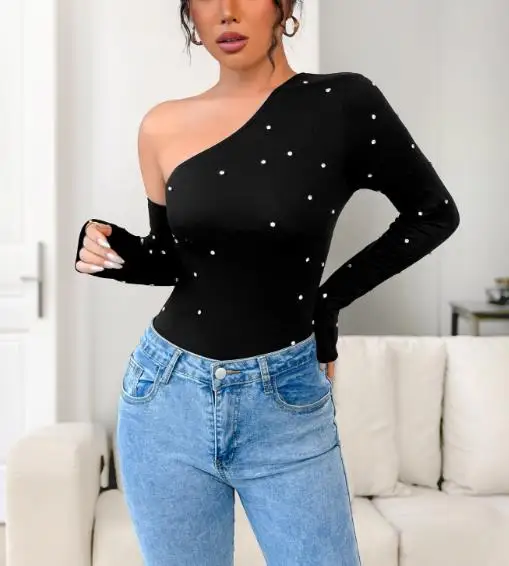 

Autumn Fashion Solid Color Nail Bead Decoration Slanted Neck Tight Fitting Jumpsuit for Women, Elegant and Personalized Jumpsuit