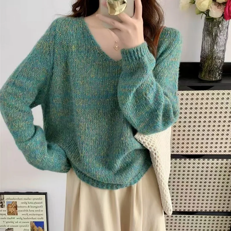 

Spring Autumn Design Sensation Small Audience Floral Wool New Style Korean Loose Knitted Sweater Women's V-Neck Pullover