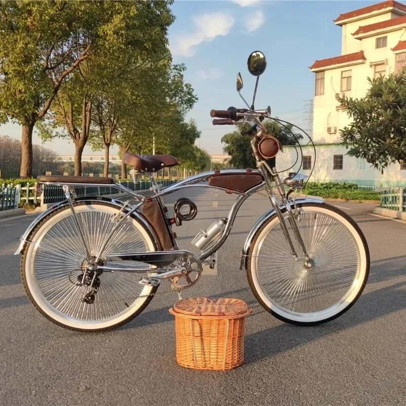 Silver nostalgic beach bike, retro cycling bike, shooting props
