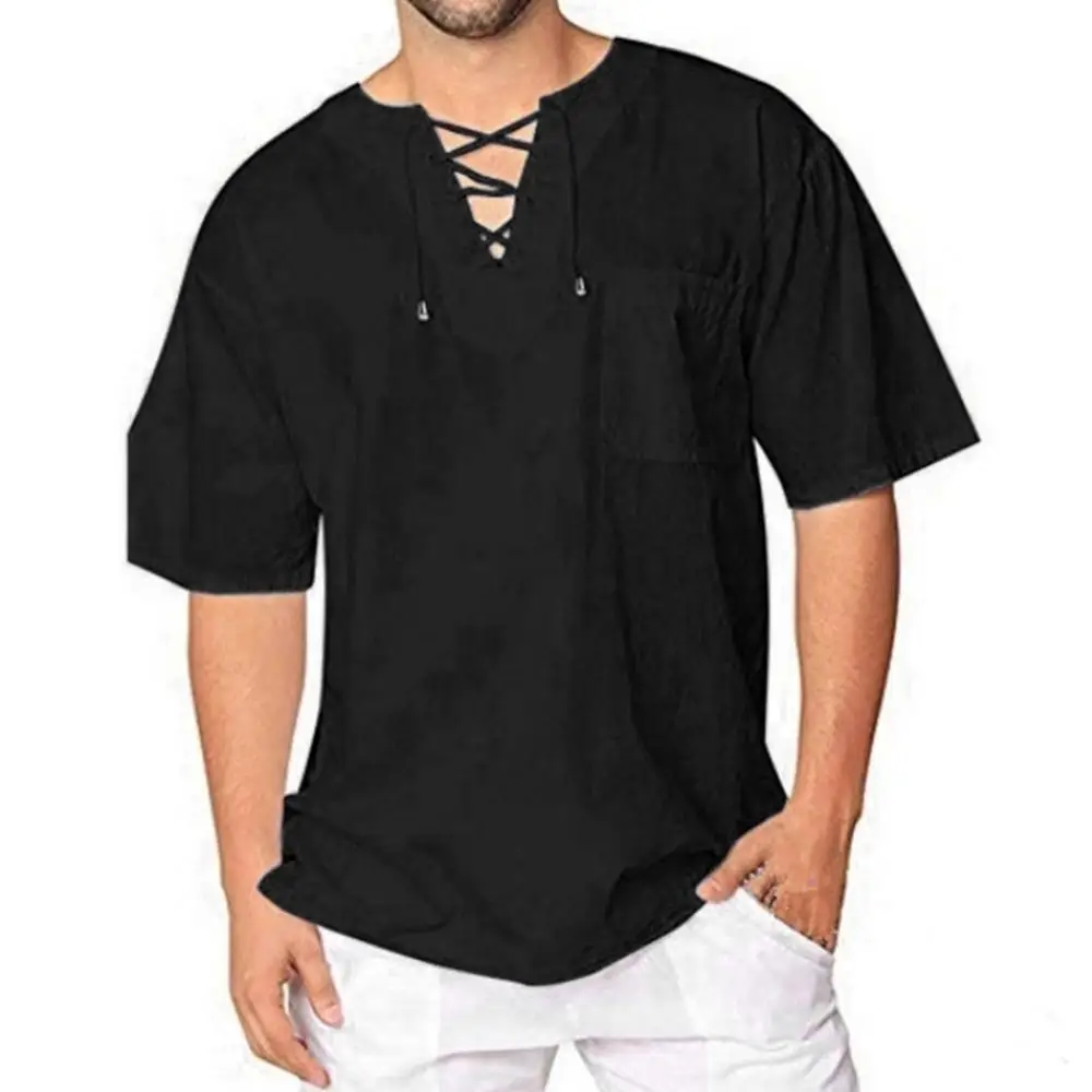 Linen V Neck T-Shirt Men Fashion Solid Color Short Sleeve Bandage Baggy Blouse Top V Neck Lace Up Casual T-shirt Men's Clothing