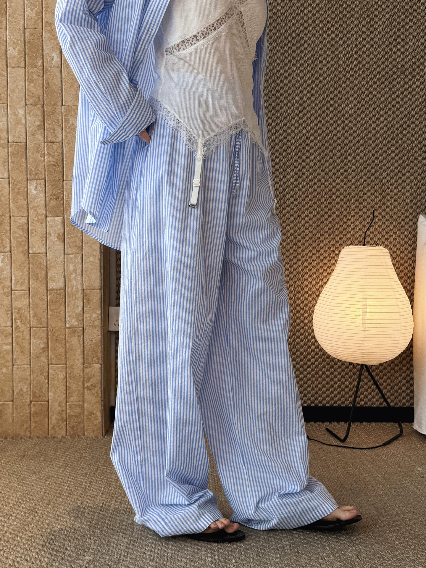 Summer Elastic Contrasting Color Drawstring Vertical Stripe Straight Leg Pants, Loose and Fresh Pants for Women