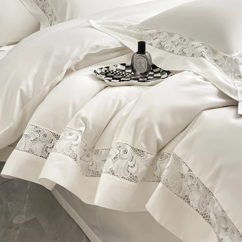 Luxury Hollow Lace Wide Embroidery 1200TC Egyptian Cotton 4Pcs Bedding Set Duvet Cover Set Flat/Fitted Bed Sheet Pillowcases