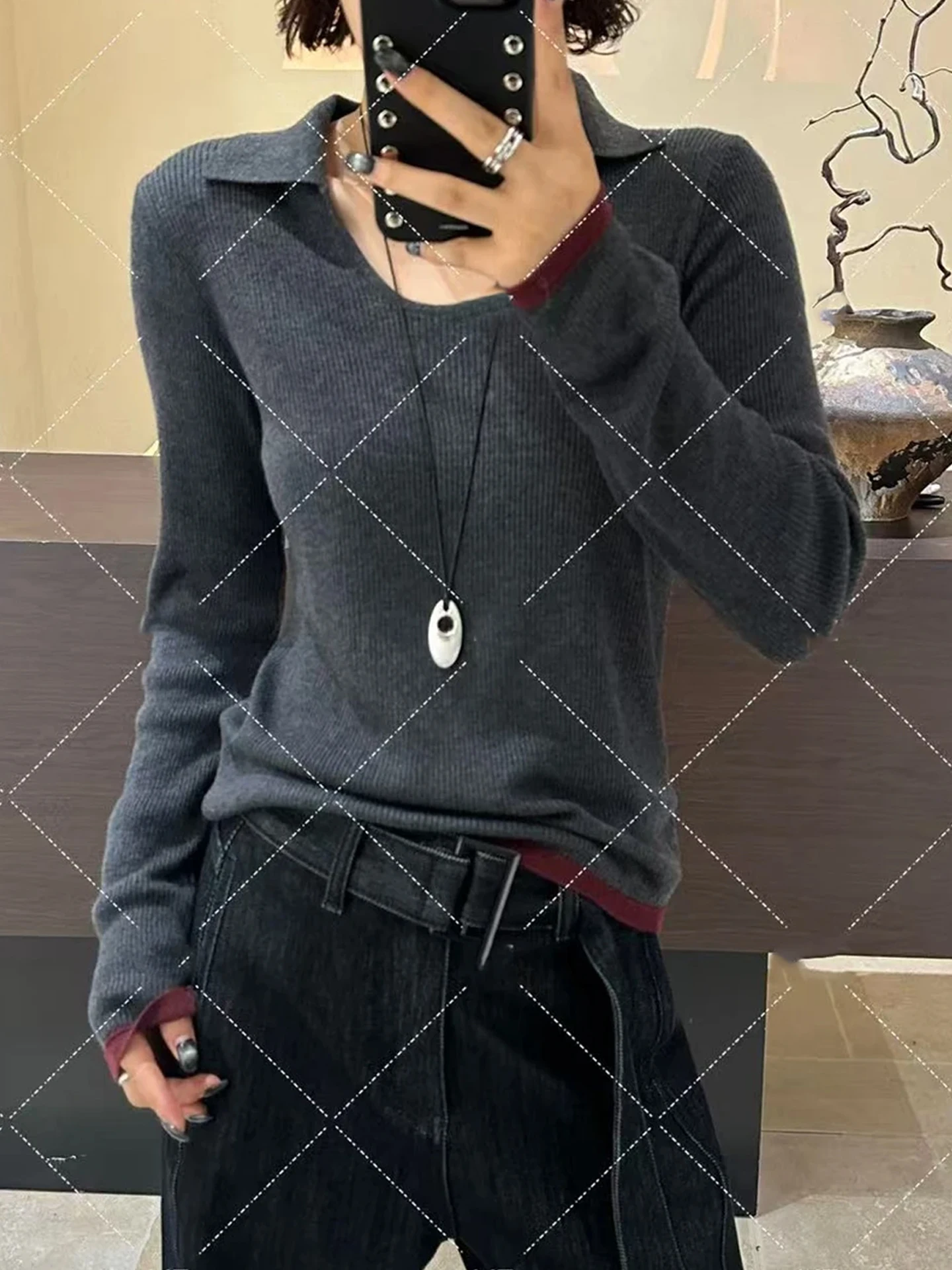 

Ele Knitted Long Sve Женская база irt Commute Sle Simple Head over Autumn Lazy Faion Универсальный качественный трикотаж