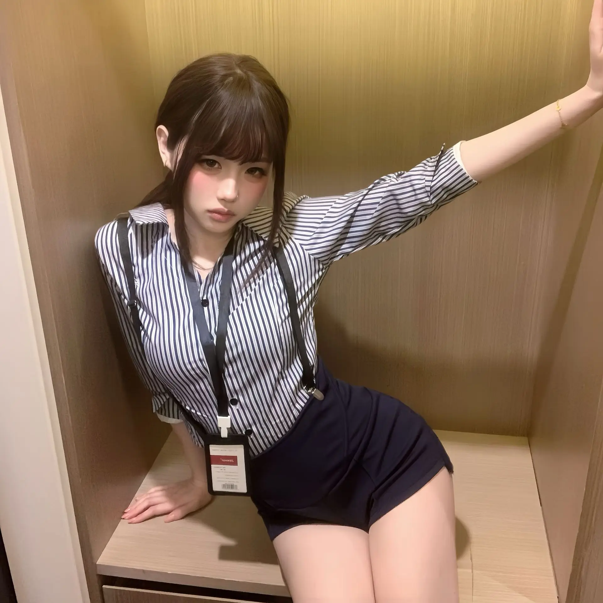 

Plus Size Sexy Seductive OL Secretary Cosplay Office Outfit Striped Shirt with High Waist Suspender Shorts Uniform Temptation