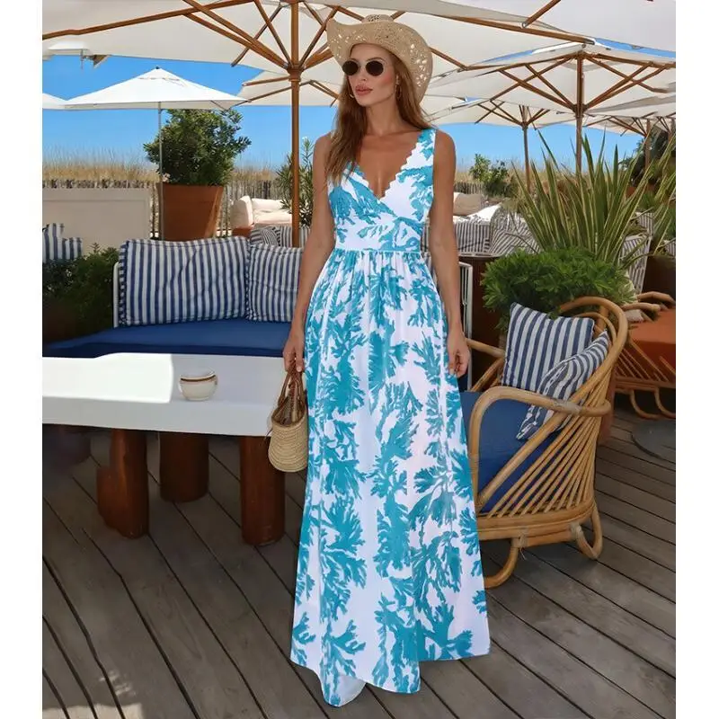 Flaxmaker 2026 Summer Sexy V Neck Blue Coral Print Swimsuit And Skirt Summer Sleeveless Swimsuit Set Women Beachwear