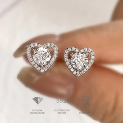 DiamondWorld Real 0.5CT D kolor Moissanite diamentowe serce kolczyki Halo dla kobiet 925 srebrne luksusowa doskonała biżuteria