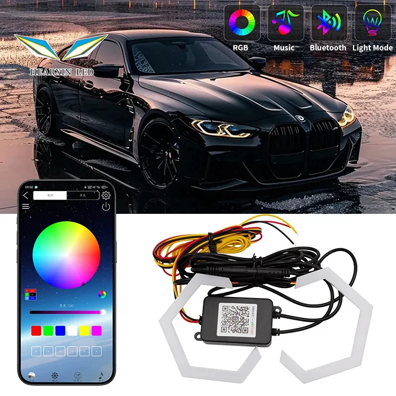 

2PCS 9V-30V RGB APP Control Hexagon Angel Eyes Halo Rings Retrofit Headlight Car Motorcycle White DRL+Amber Turn Signal Light