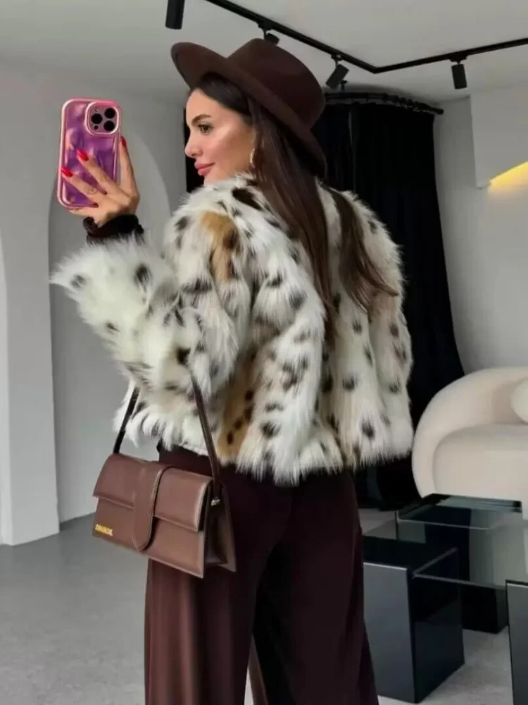 

Trendy Leopard Print Fur Coat Warm Ele Lady Cross-Border Sle Women's Winter Outerwear Long Sve with Hat Polyester