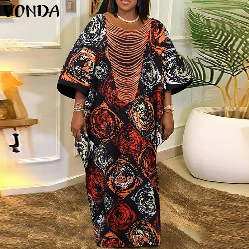 VONDA – robe longue de soirée imprimée pour femmes, style bohème, décontractée, manches 2023, imprimé floral, élégante, sans pompon, 3/4