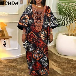 VONDA Women Printing Maxi Dress 2026 Bohemian Long Vestidos Causal 3/4 Sleeve Foral Printed Elegant Party Sundress No Tassel