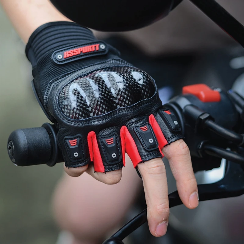 RS Summer Half Finger Motorcycle Gloves Sheepskin Leather Carbon Fiber Protective Shell Motorcycle Motorbike Motocross Gloves view 2