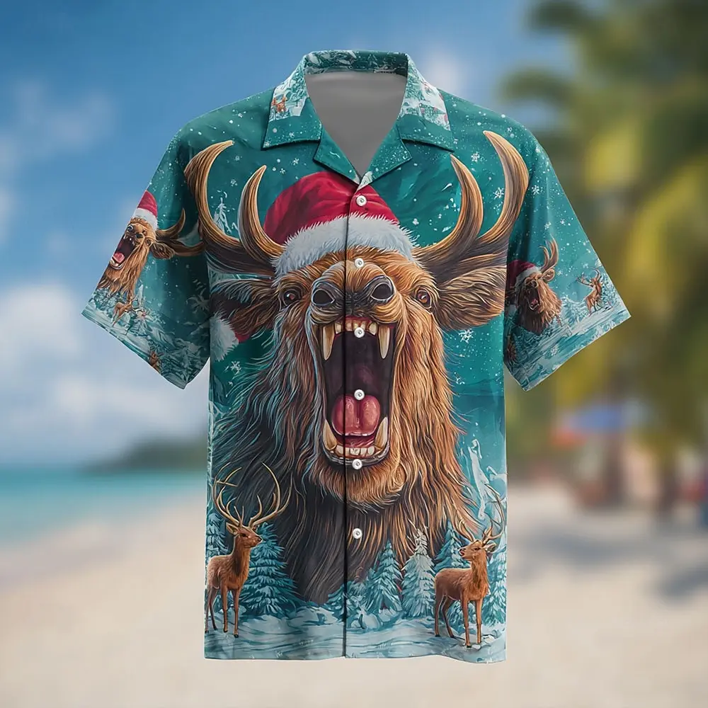 قميص رجالي بأكمام قصيرة برسومات الأيائل التجريدية وحفلات المهرجانات قمصان كاجوال مريحة بأزرار وطية صدر السترة ملابس عناصر عيد الميلاد #3