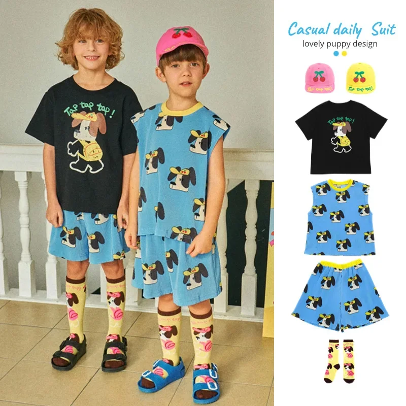 

In stock! 2024 Summer New Cute Short sleeved Cotton T-shirt Children's Casual Tank Top Shorts Boys and Girls Set