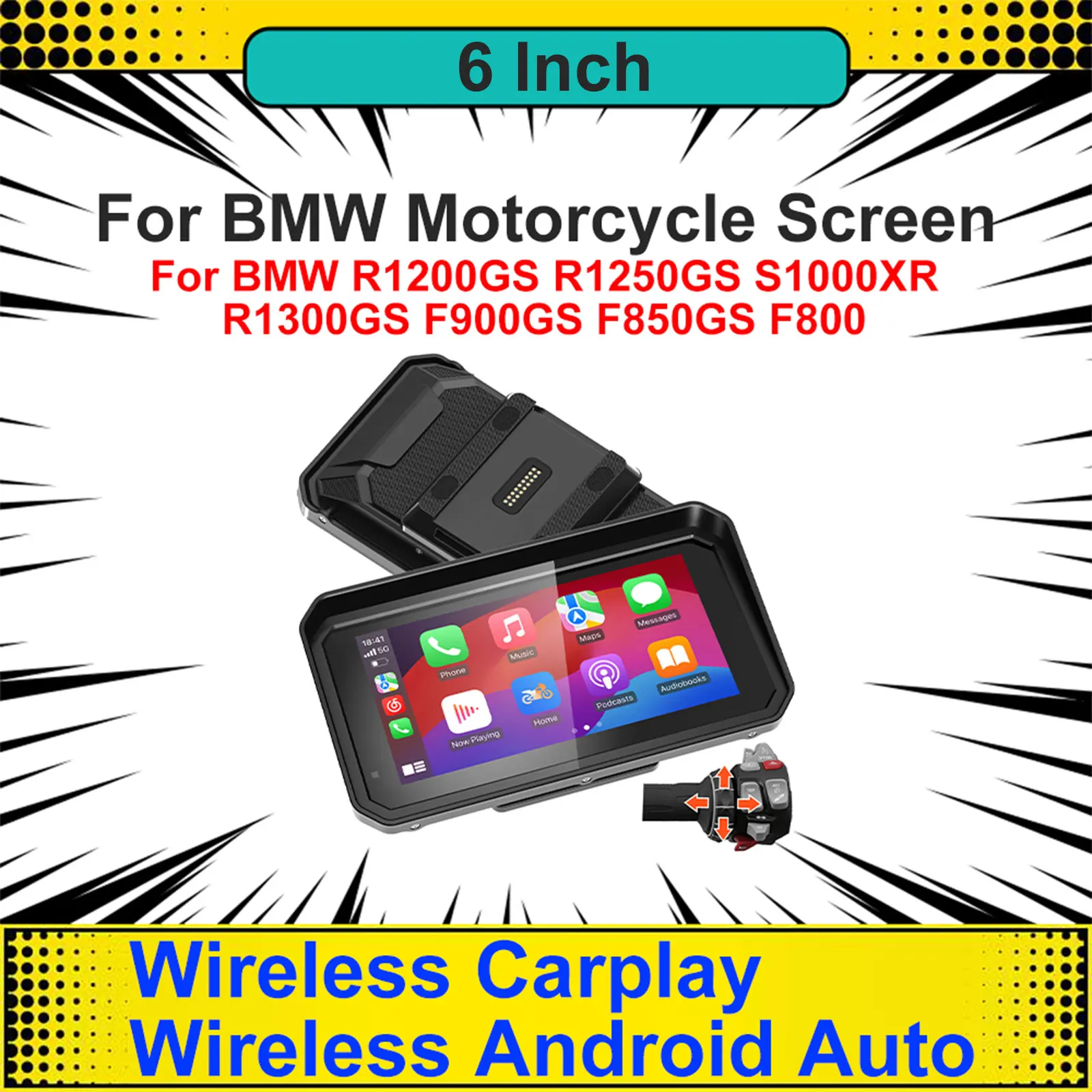 6 inch Motorcycle CarPlay Wireless Android Auto GPS Navigation With Wonder Wheel Fit For BMW R1200GS R1250GS F800 F900 S1000XR
