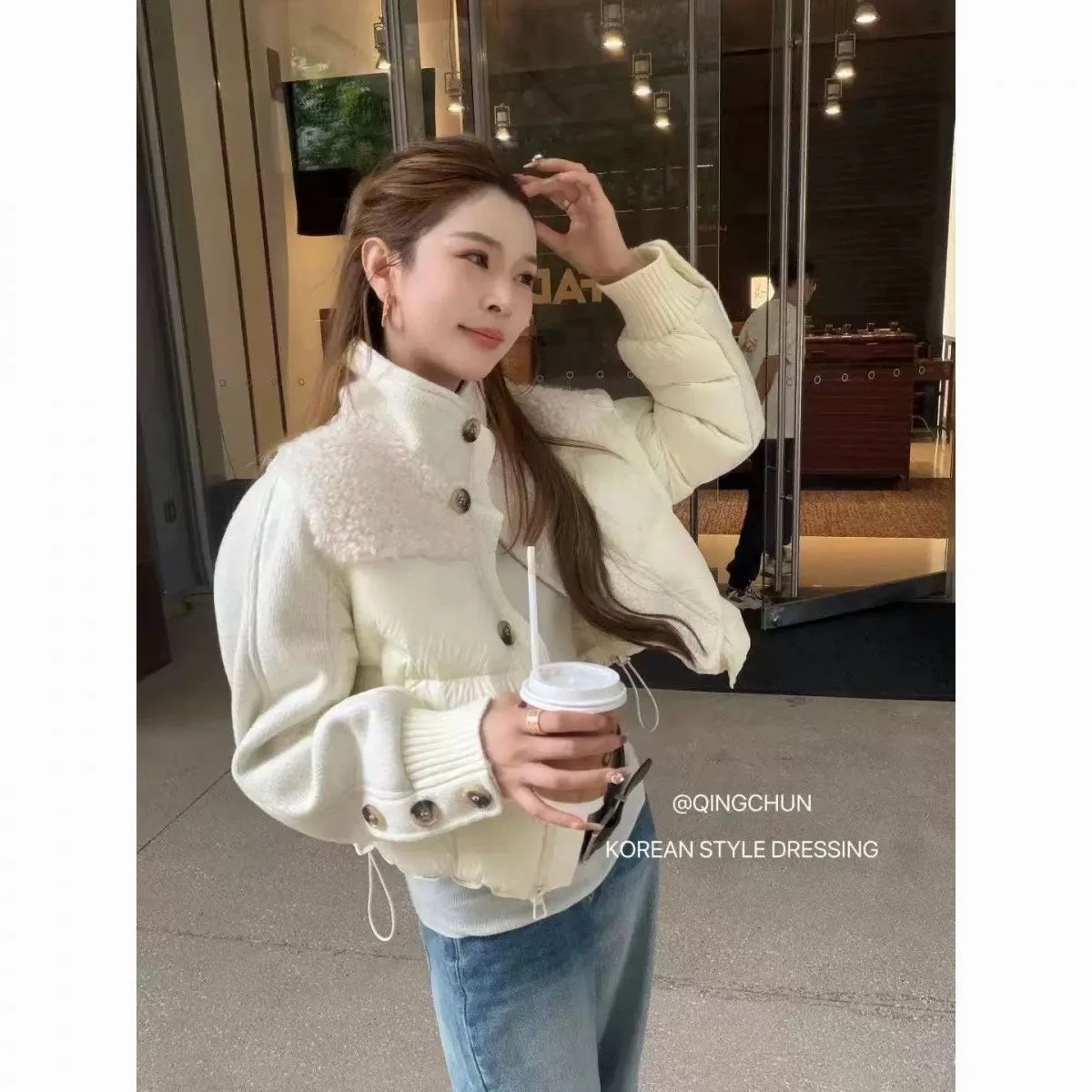 Preppy Women's Spliced Padded Coat Zip Up Stand Collar Cropped Winter Daily Campus Trendy Warm Newest Luxe Hot Fad Chic Coats