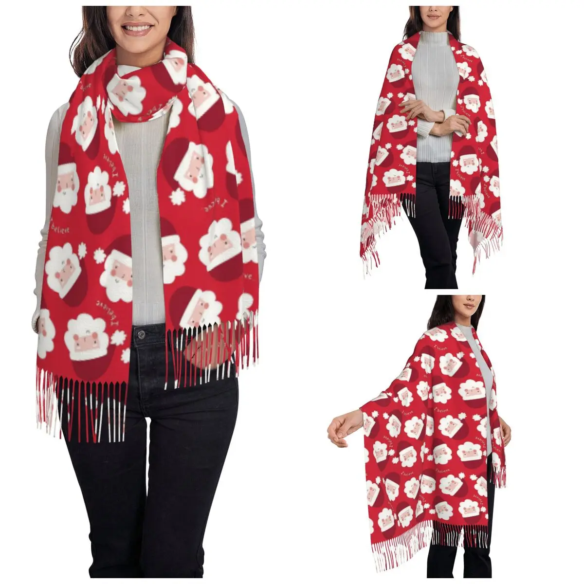 Womens Scarf with Tassel Cute Christmas Santa Claus Single-sided Pattern Winter Warm Shawl and Wrap Daily Wear Pashmina Scarves