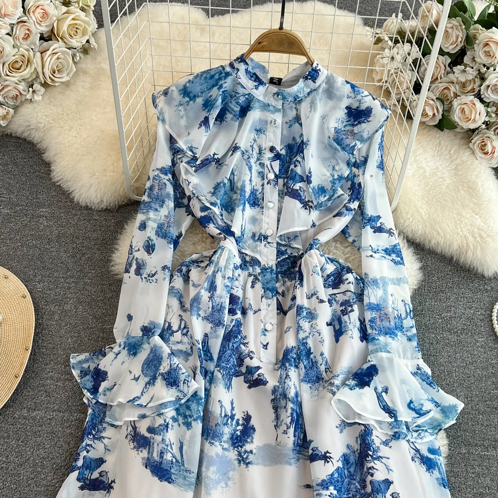 Imagem -03 - Nova Moda Mulheres Elegante Padrão Imprimir Verão Stand Collar Ruffles Partido Senhoras Borboleta Manga Camisa Beach Holiday Dress 2023