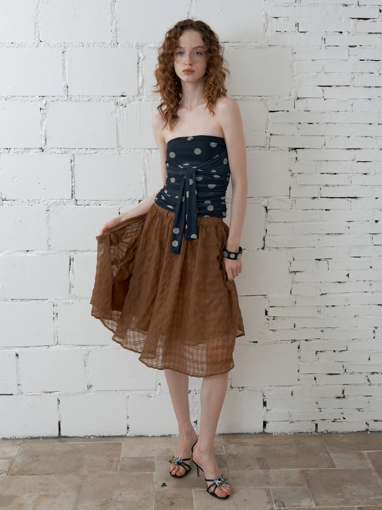 

2AM POETRY NAT Polka Dot Tie Drape Top Women's Slim Fit Vest White Blue Folded Strapl Bustier Summer Thin ort Sve