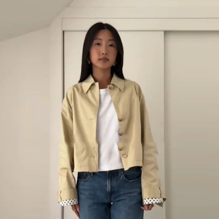 Women 2 Styles Cropped Jacket Solid Khaki White Black Polka Dot Lapel Collar Single Breasted Cuff Strap Vintage Casual Outerwear