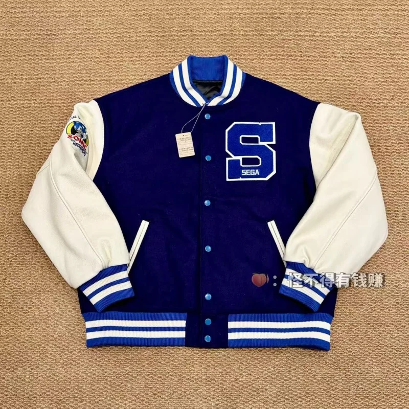 Authentic Genuine Leather Baseball Jacket SAINT Blue Leather Jacket Embroidered Cowhide Baseball Jacket