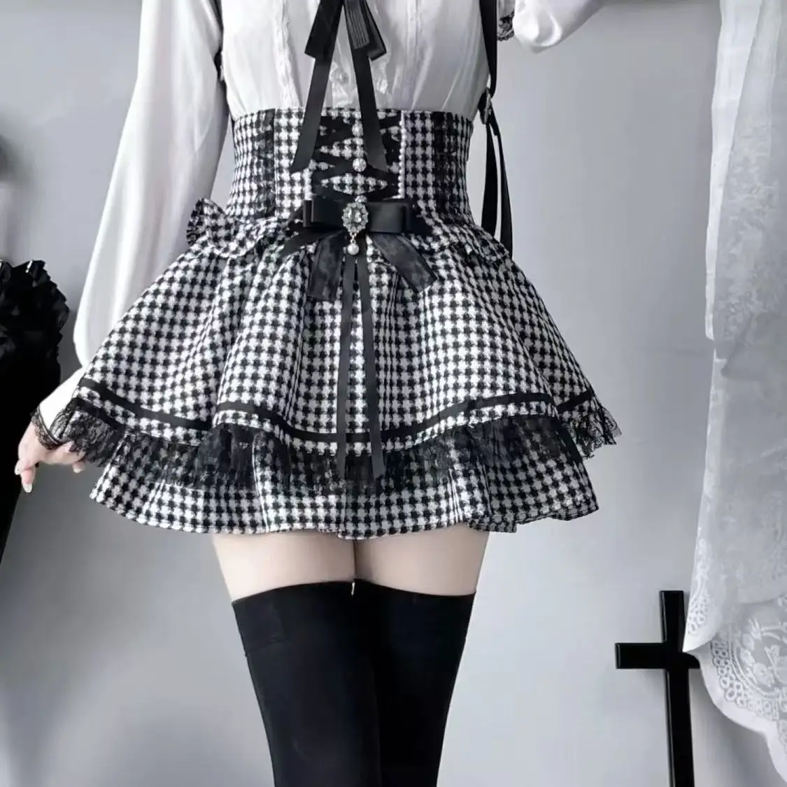 

Kawaii Bow Cake Мини-юбки Женские сказочные повязки Лолита с высокой талией Y2k Harajuku Эстетические милые кружевные готические JK Японская зима