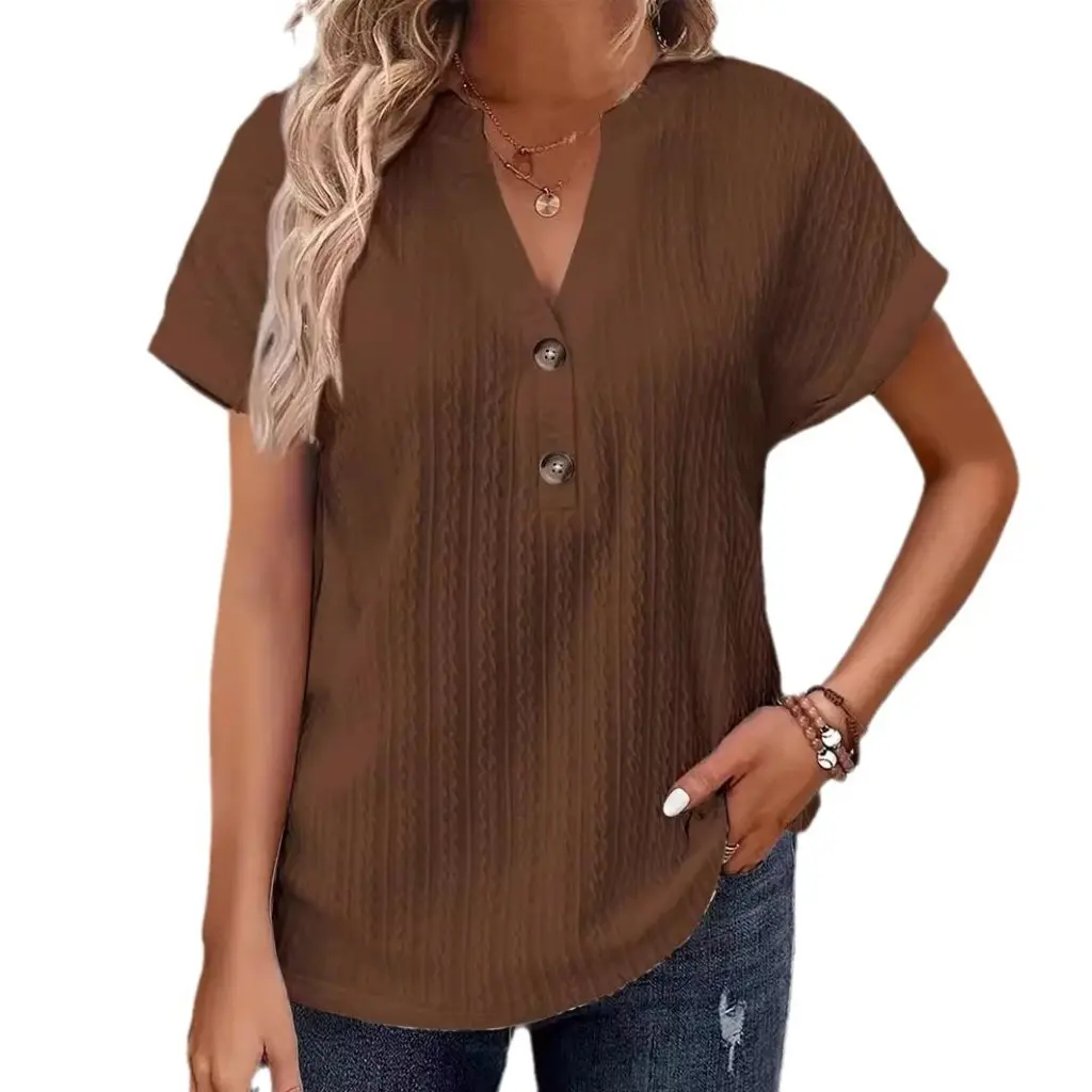 

Women's Casual Solid Color V-Neck T-Shirt Button Detail European And American Style Spring Summer Fashion Independent Station