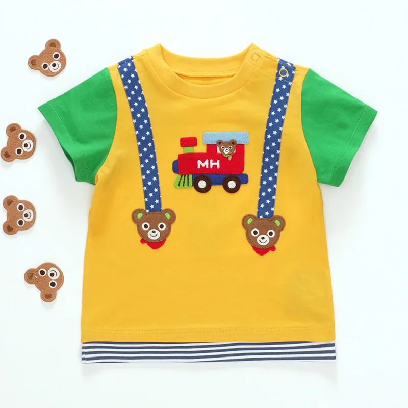 Summer New Cartoon Train Bear Embroidered Strap Color-blocked Crew Neck Short Sleeve T-shirt