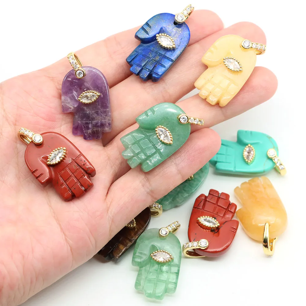 Natural Stone Fatima Hamsa Hand Pendant Inlaid Zircon Evil Eye Charms Crystals for DIY Necklace Jewlery Making