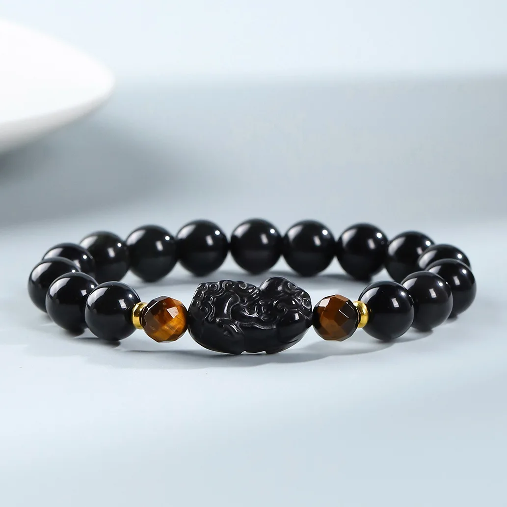 

Браслеты из натурального обсидиана для мужчин и женщин, целебный драгоценный камень, ювелирные изделия, натуральный черный обсидиан Pixiu, браслет фэн-шуй, счастливый амулет