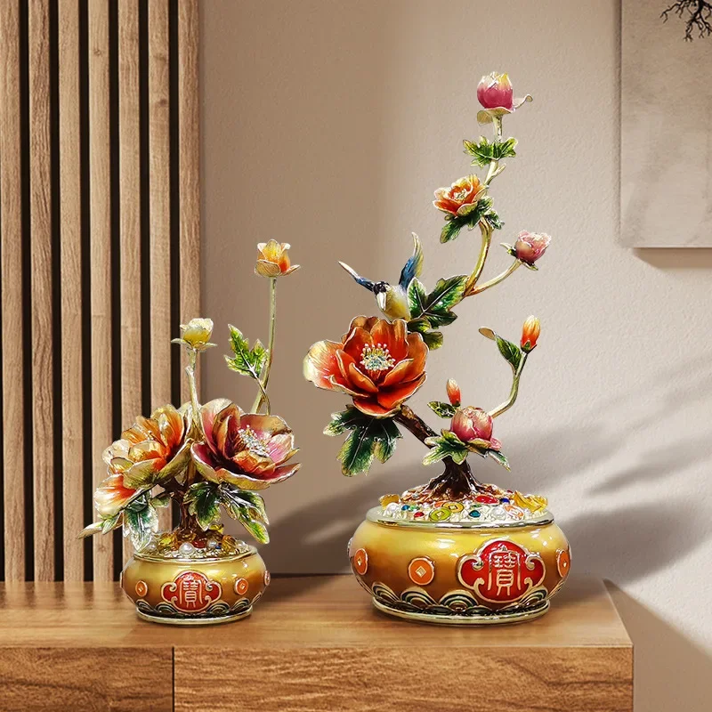 Happy Duofu Peony Ornament, Enamel Craft, Living Room Office Home Decoration