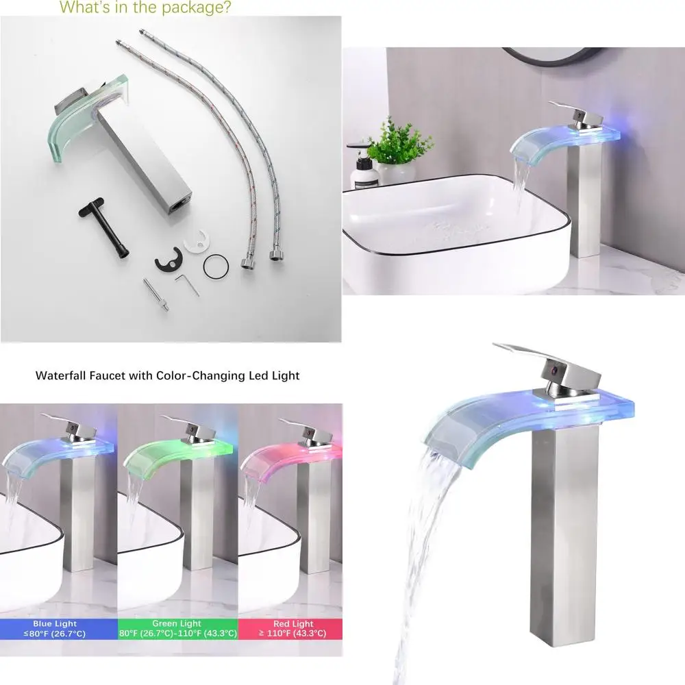 

Modern Brushed Nickel Tall Vessel Sink Faucet with Glass Spout and Dual Water Lines