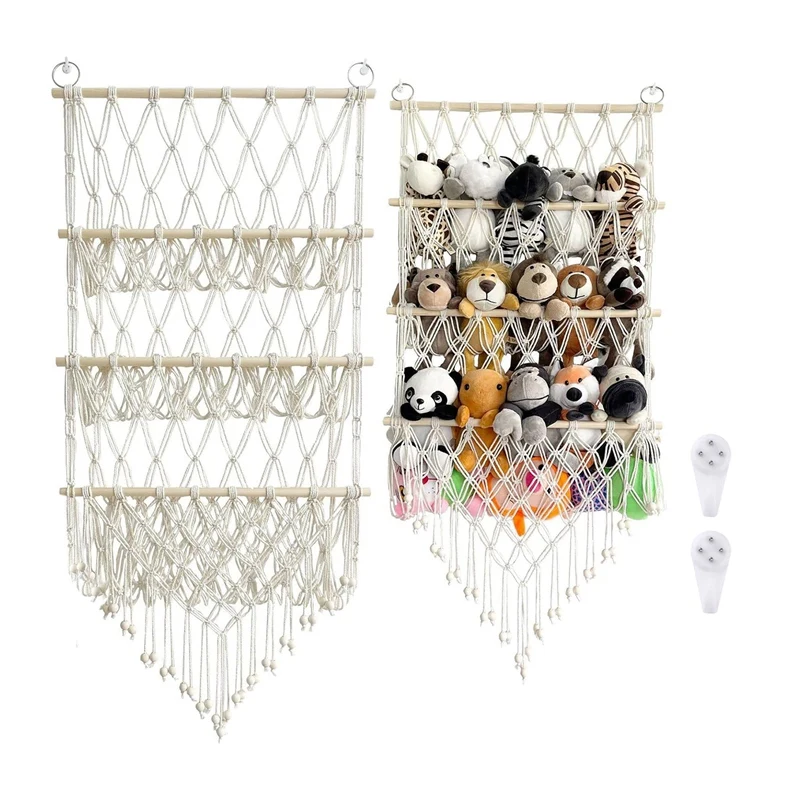 1 PCS 3 Layer Wooden Stuffed Toy Net, Stuffed Animal Net Or Hammock Creamy-White Cotton Rope+Wood Stuffed Animal Net