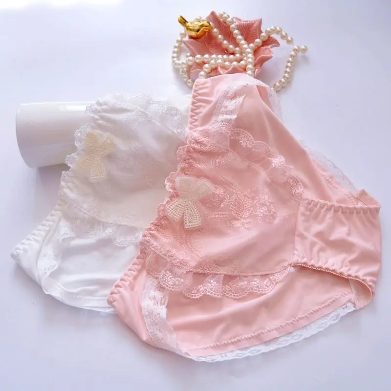 Princess Style Milk Silk Ruffles Lace Cute Lovely Sweety Panties Women Lolita Cosplay Bow Embroidery Luxury Underwear Breifs